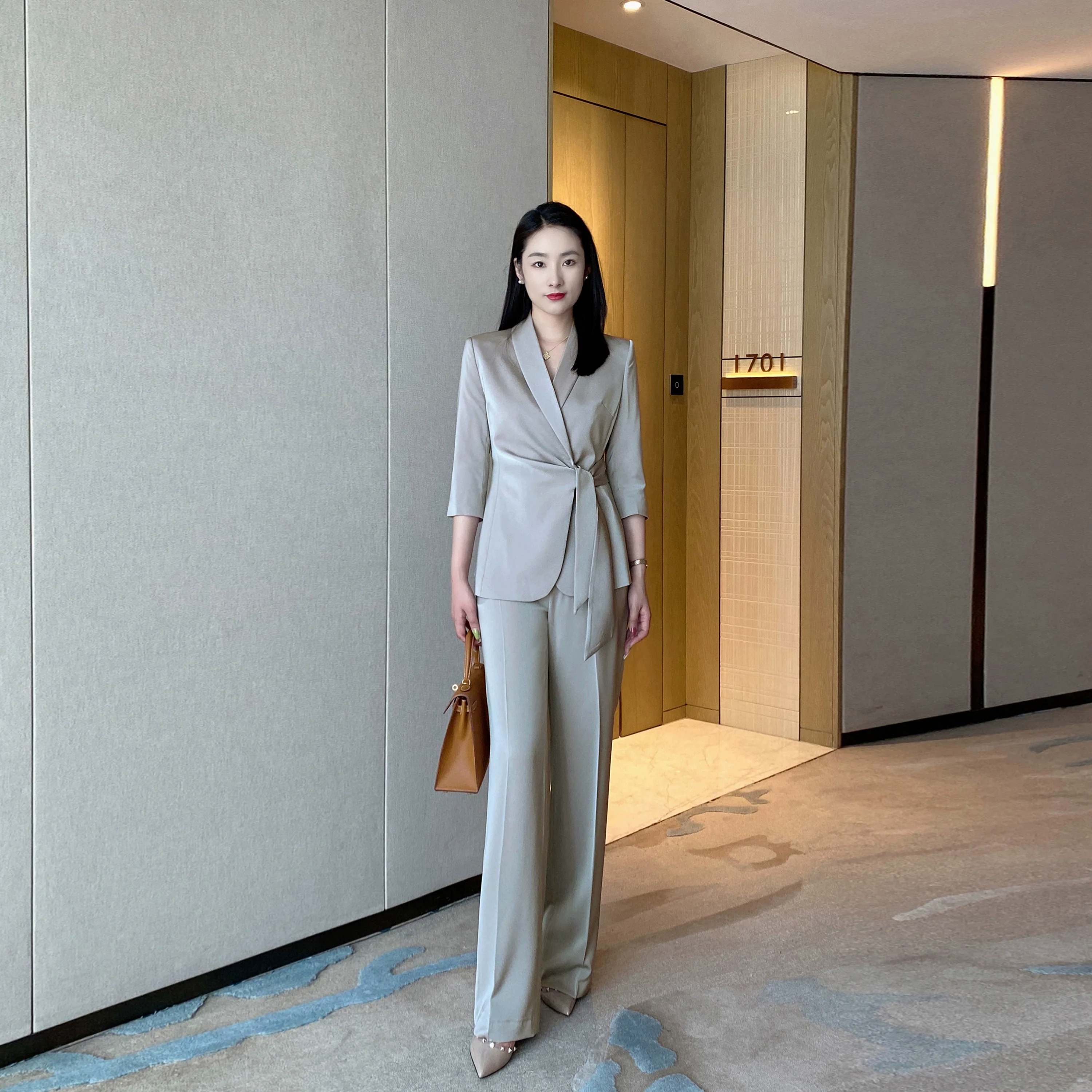 Mustard Polyester Classic Suit Jacket & Trousers Set for Women - Image 2