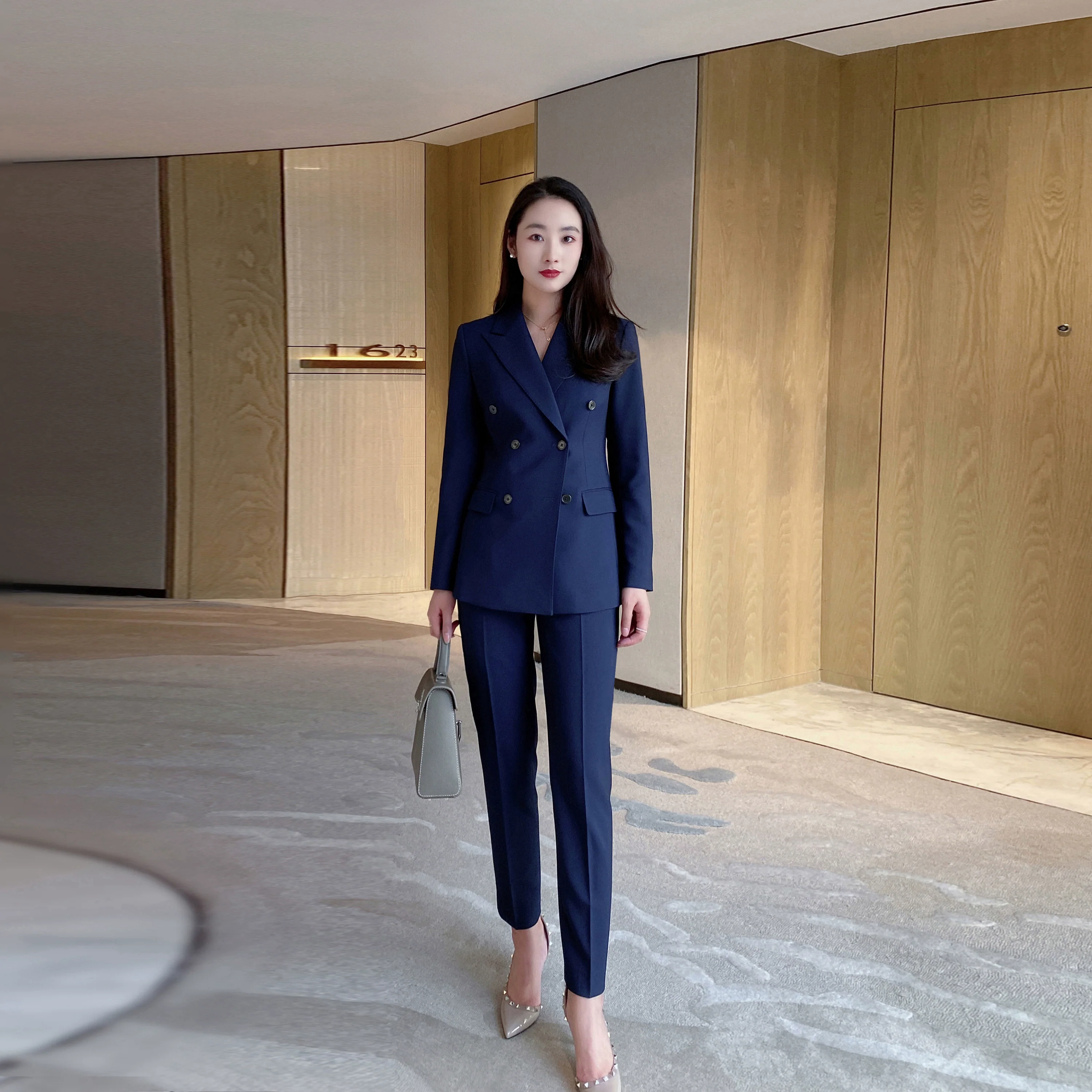 Navy Blue Autumn Fitted Classic Suit with Double-Breasted Jacket - Image 6