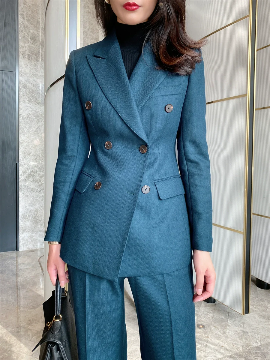 Peacock Blue Winter Classic Suit Jacket with Flared Trousers - Image 2