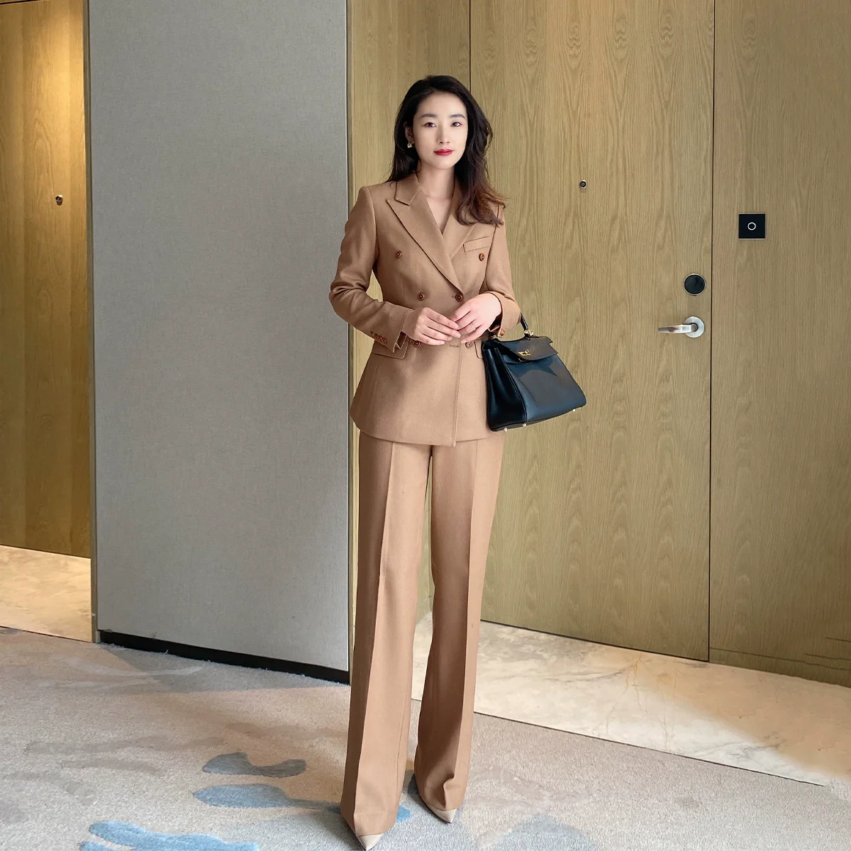 Premium Camel Wool Women’s Suit Set with Slim Fit Trousers - Image 4