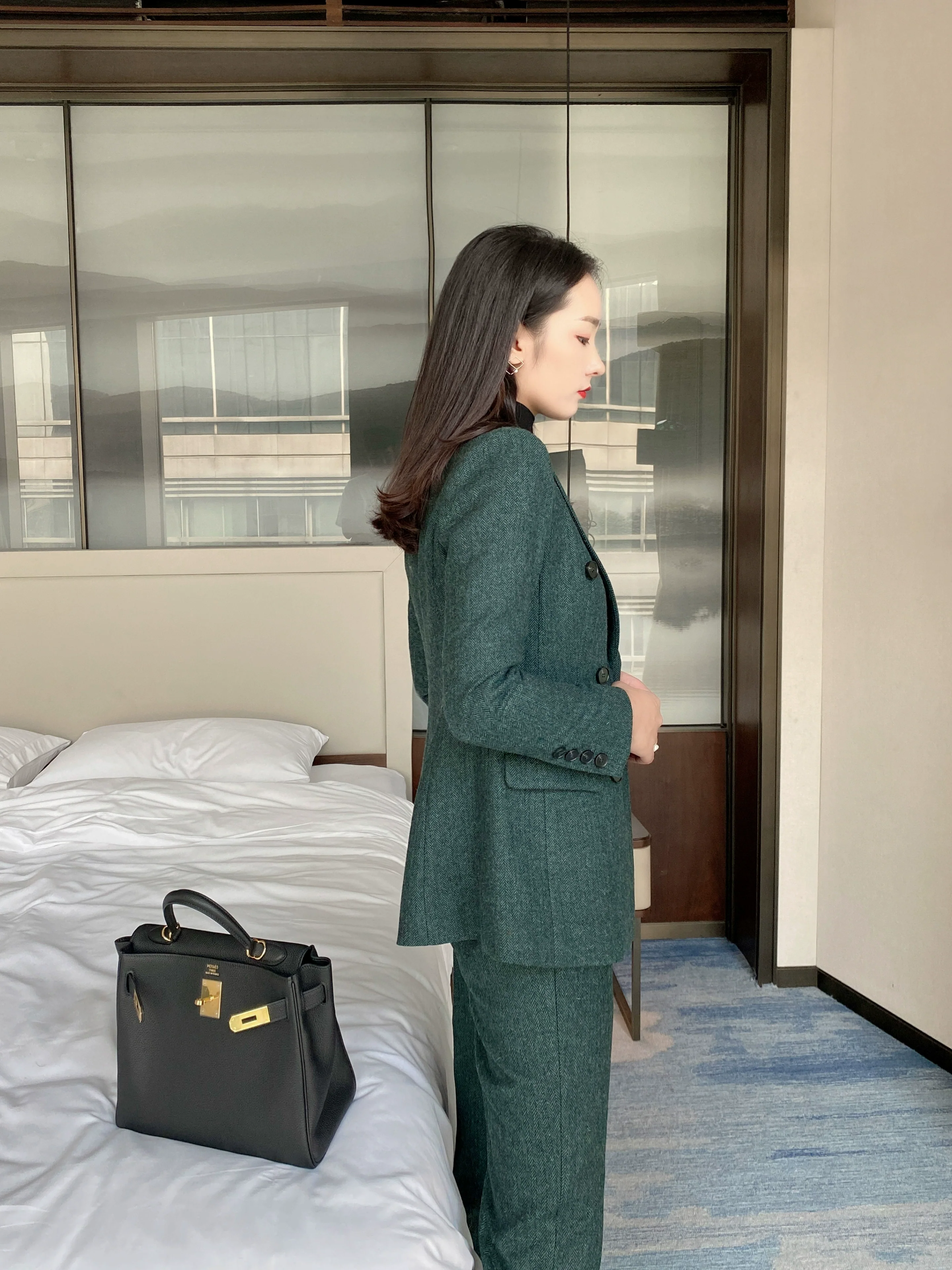 Premium Dark Green Woolen Suit Jacket & Trousers for Women - Image 2