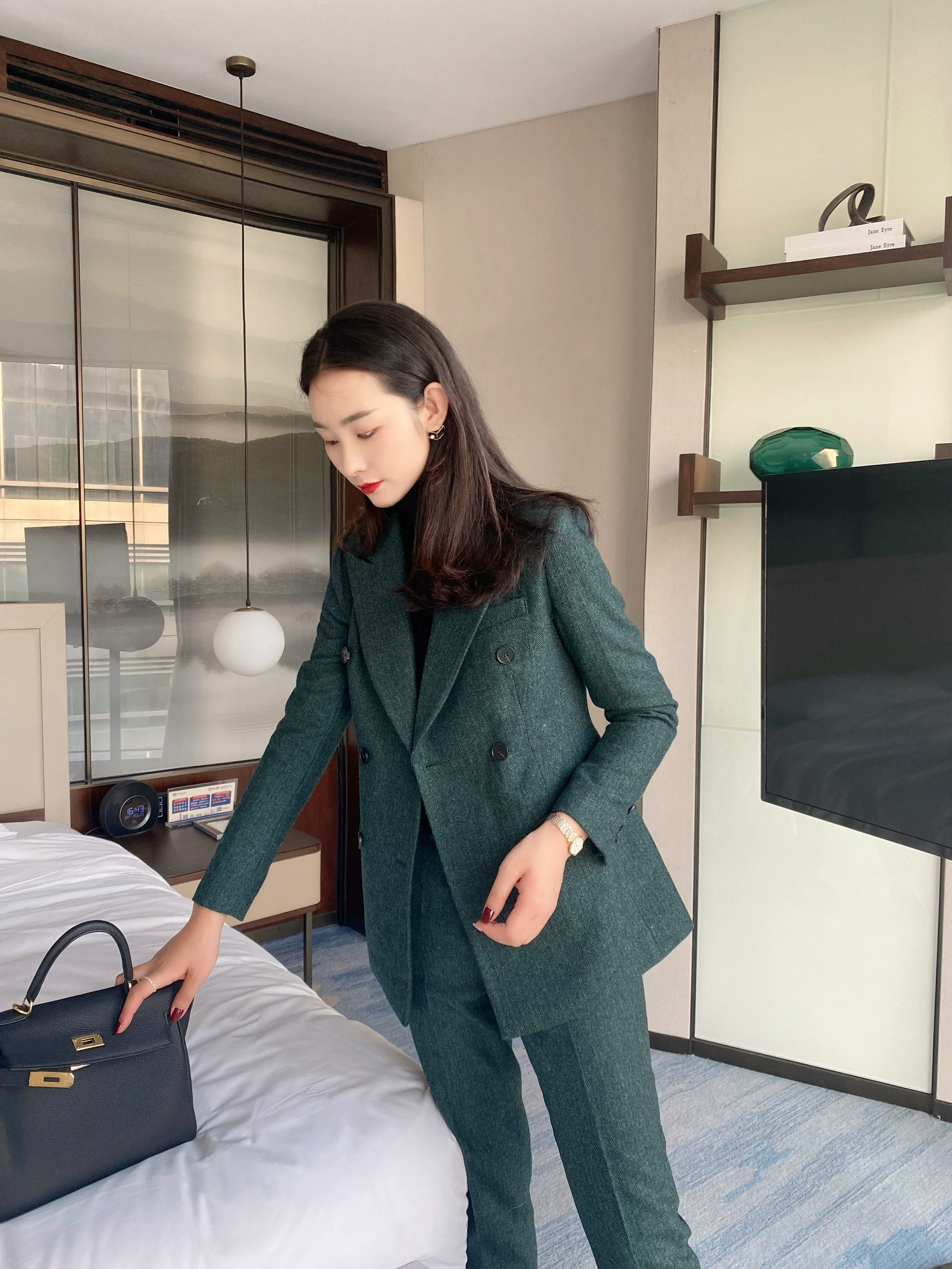 Premium Dark Green Woolen Suit Jacket & Trousers for Women - Image 4