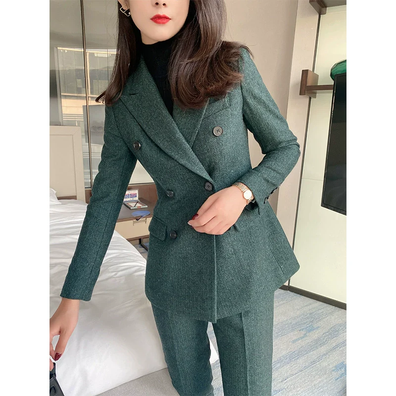 Premium Dark Green Woolen Suit Jacket & Trousers for Women - Image 6