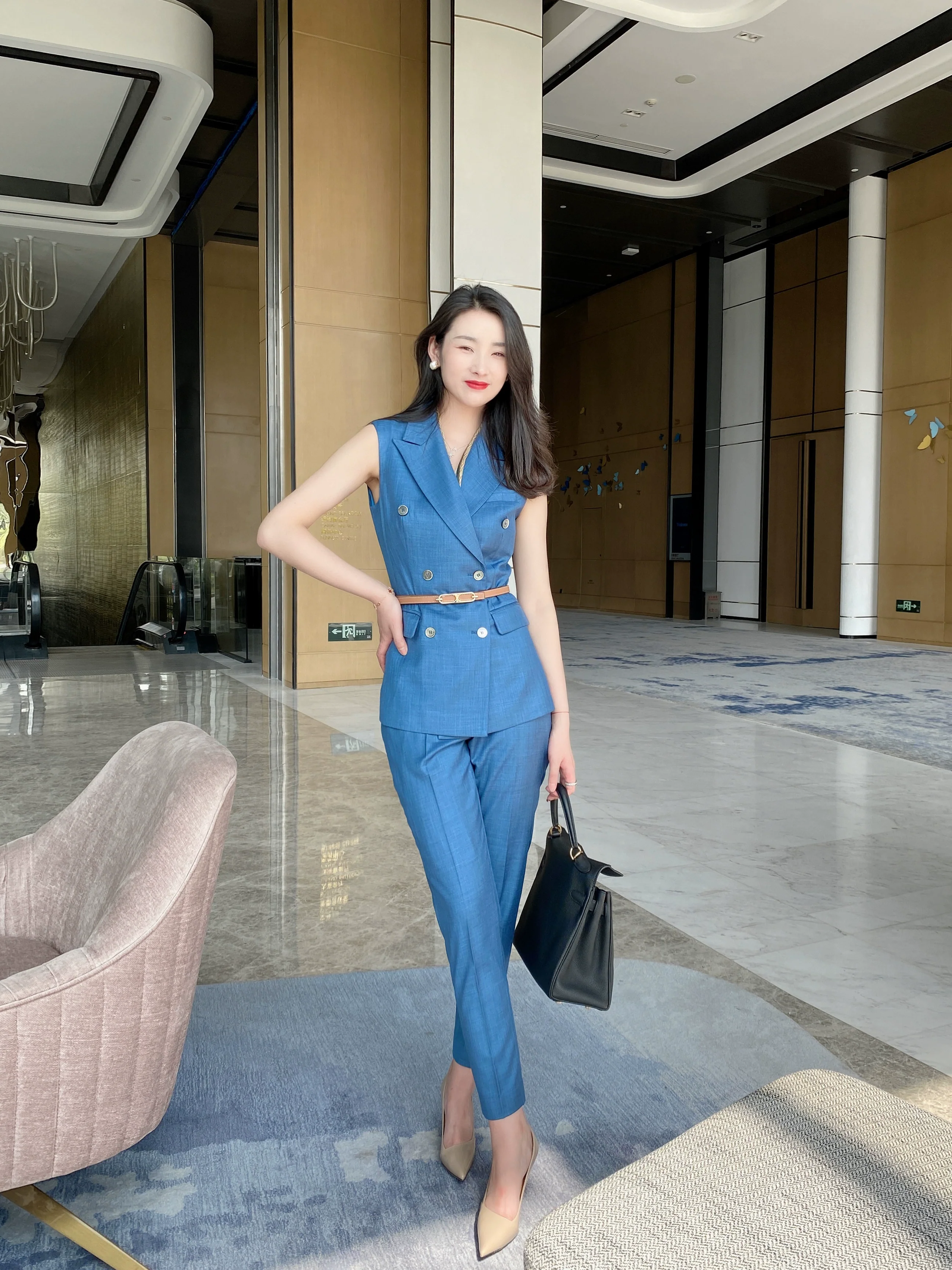 Prussian Blue Summer Thin Suit Set with Sleeveless Vest - Image 3