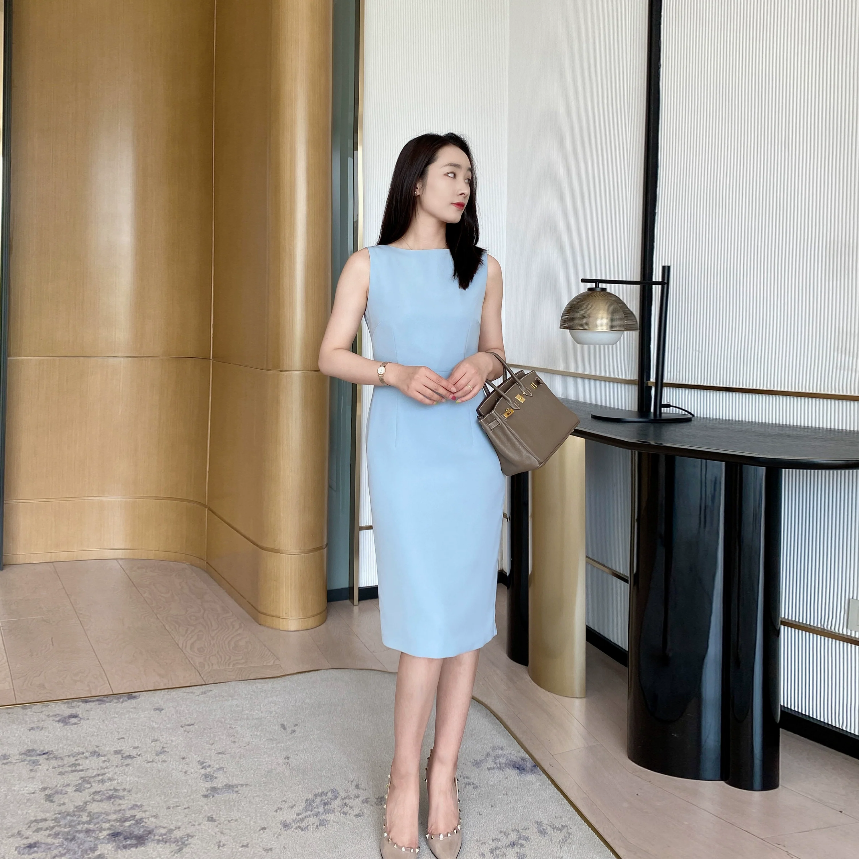 Summer Blue Fitted Sleeveless Dress Elegant Mid‑Length One‑Step Skirt - Image 2
