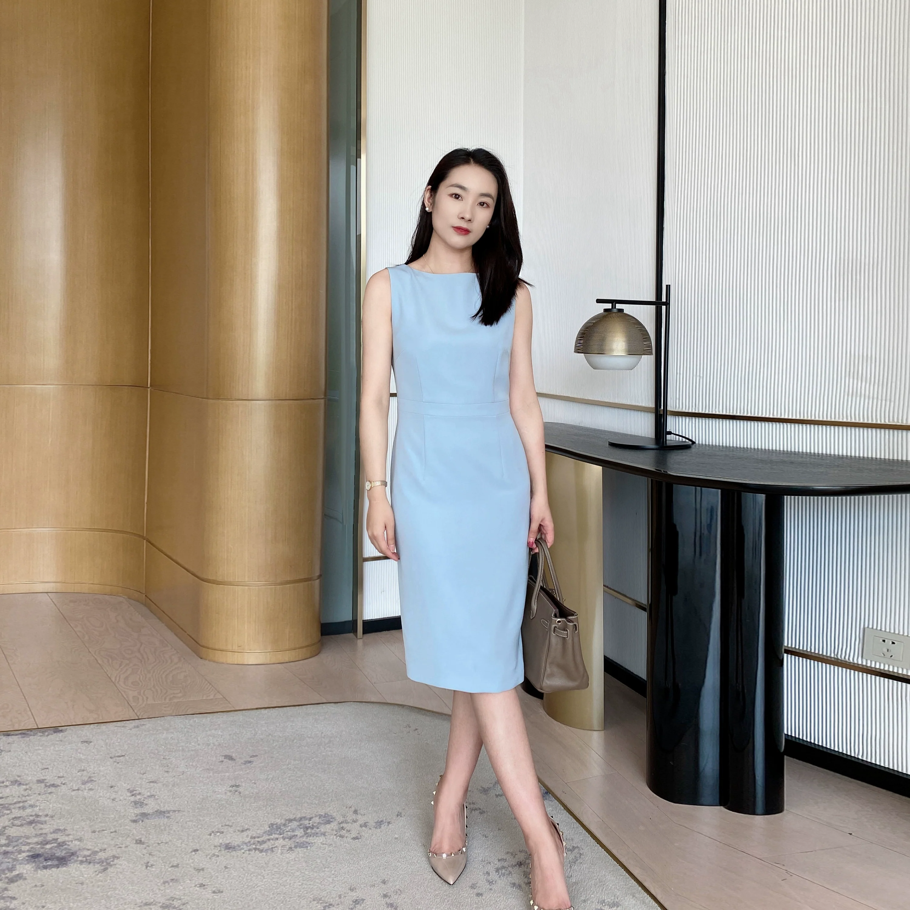Summer Blue Fitted Sleeveless Dress Elegant Mid‑Length One‑Step Skirt - Image 5