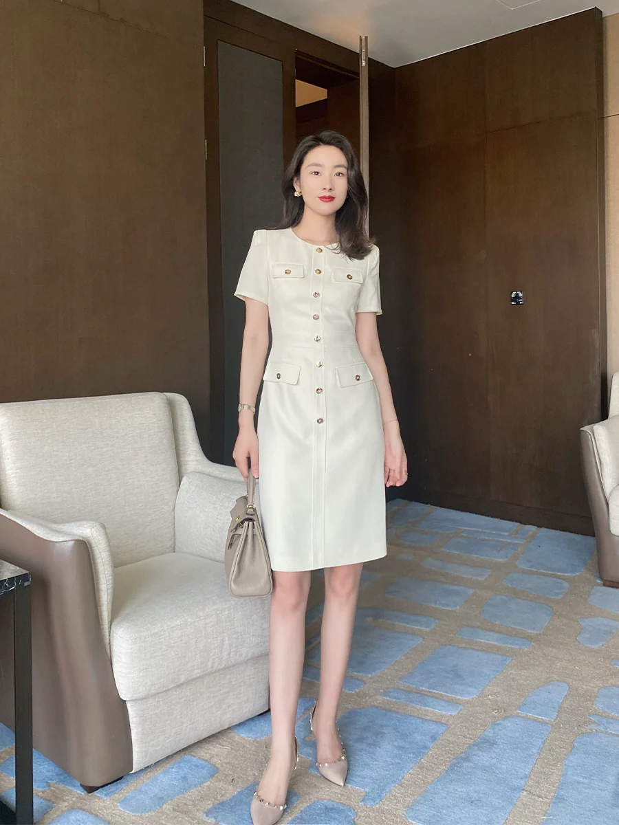 Summer White Fitted Short Sleeve Dress with Waist Belt - Image 5
