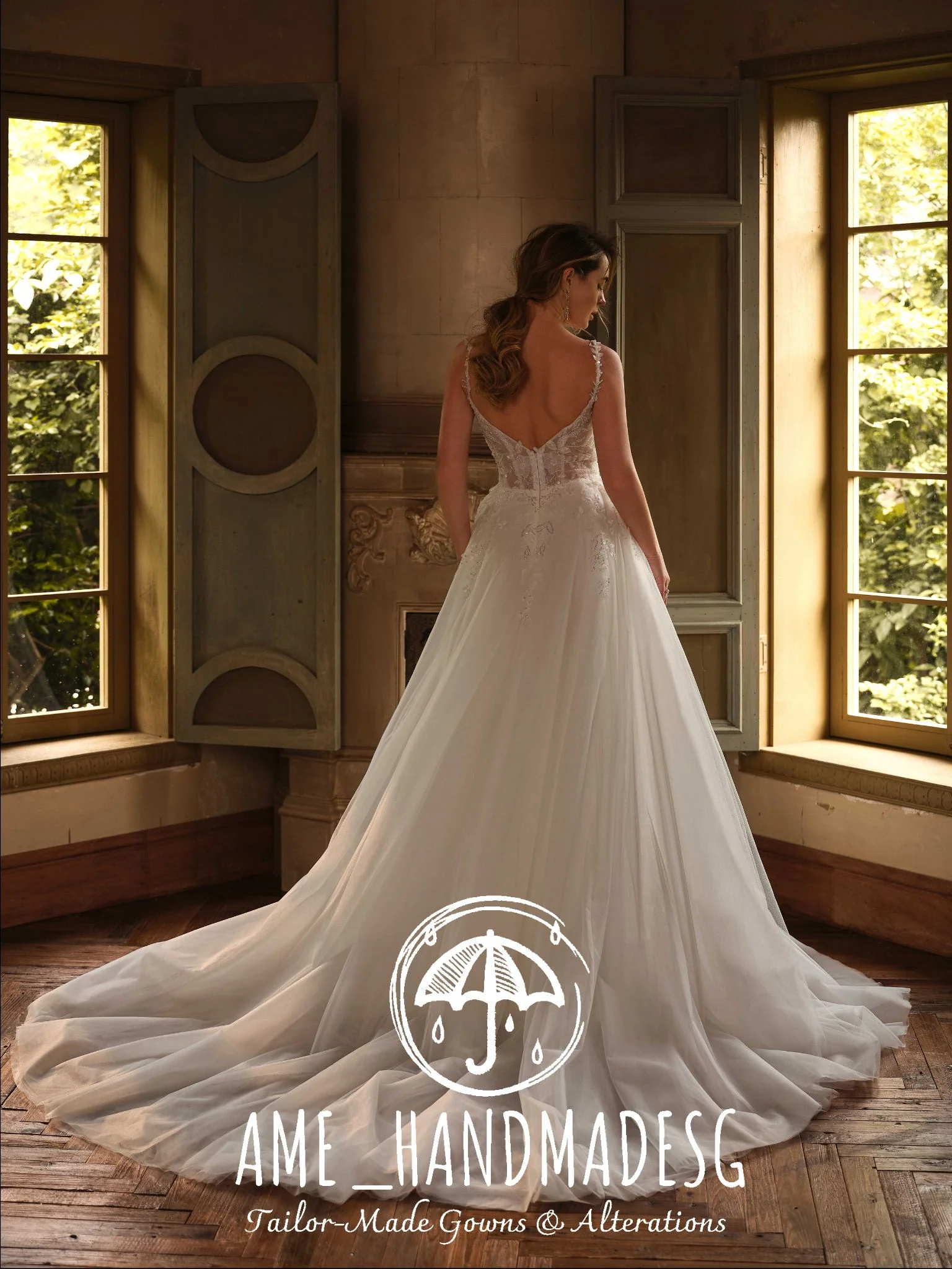 Serene Blossom – A Lace A-Line Bridal Gown with Delicate Straps and Soft Tulle Train - Image 2