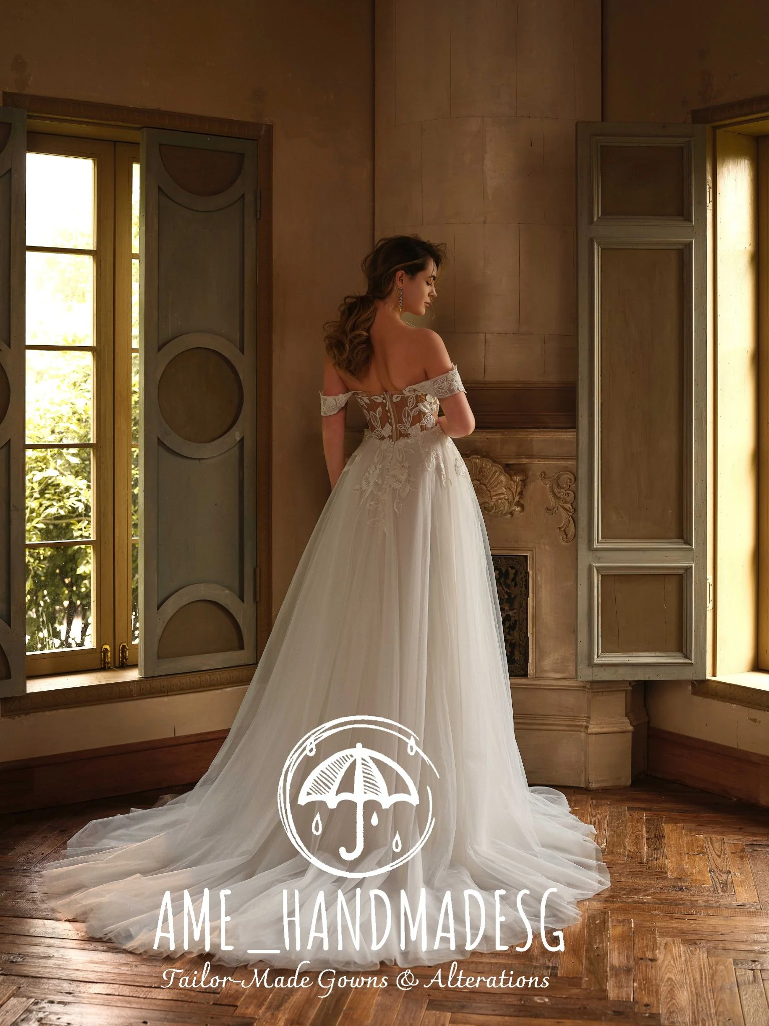 Eternal Poise – An Off-Shoulder Lace A-Line Bridal Gown with Corset Bodice and Chapel Train - Image 2