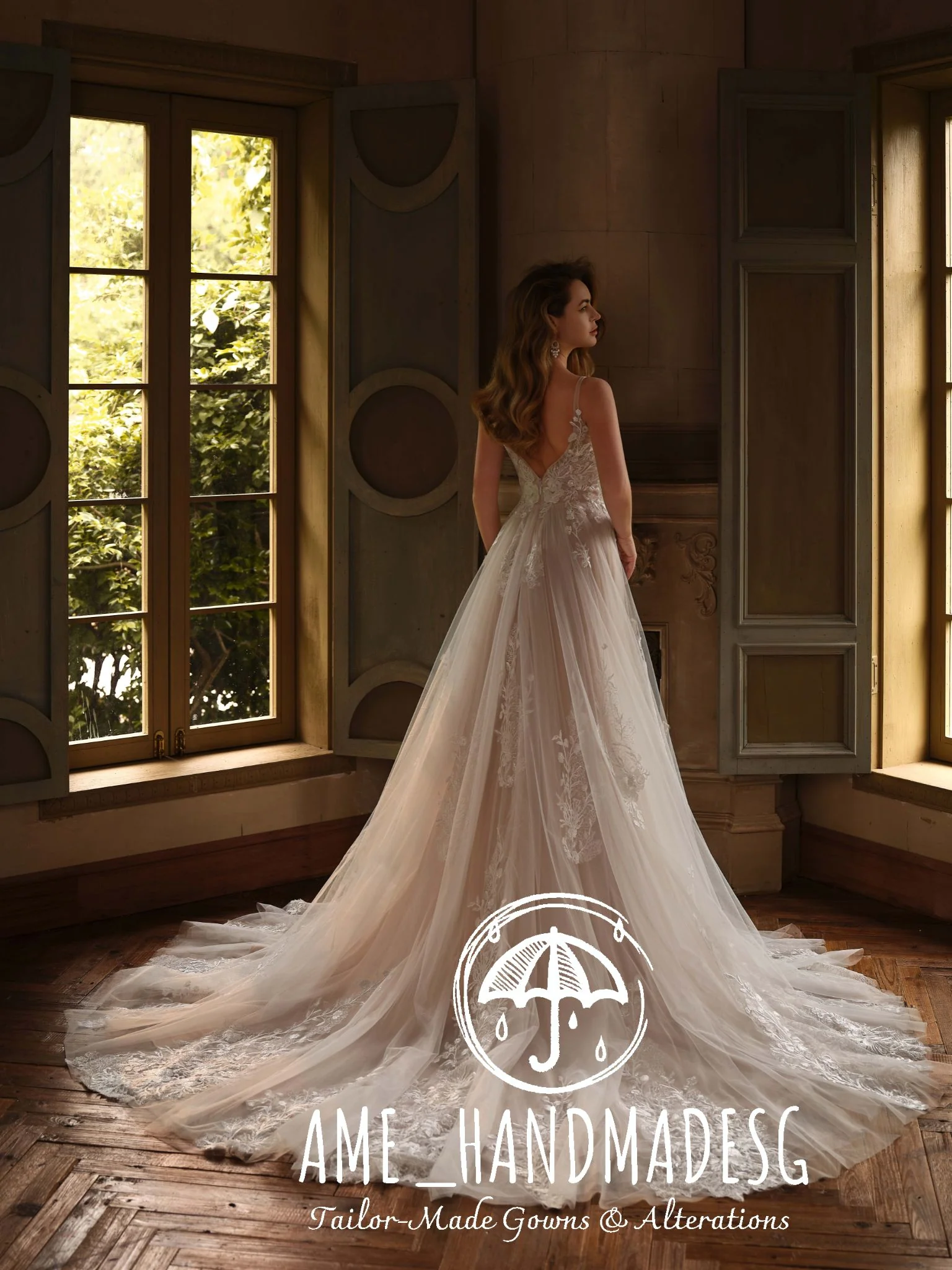 Whispering Romance – A Delicate Lace Bridal Gown with Flowing Train - Image 2