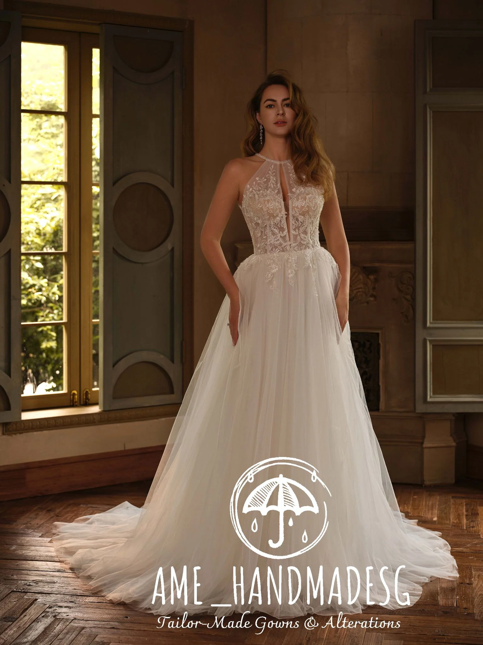 Ethereal Grace – A Sheer Lace Halter Bridal Gown with Flowing Tulle Skirt