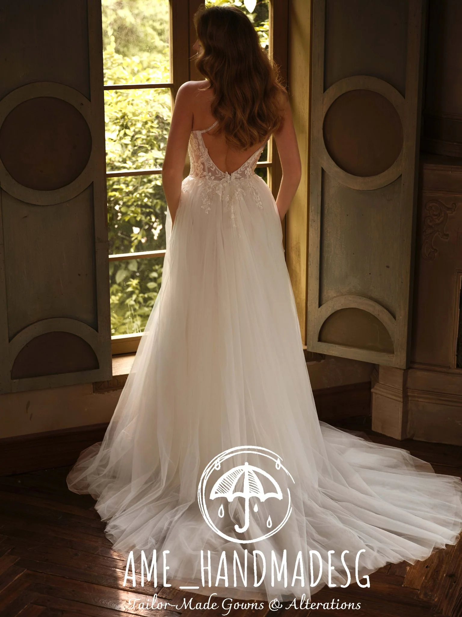 Ethereal Grace – A Sheer Lace Halter Bridal Gown with Flowing Tulle Skirt - Image 2