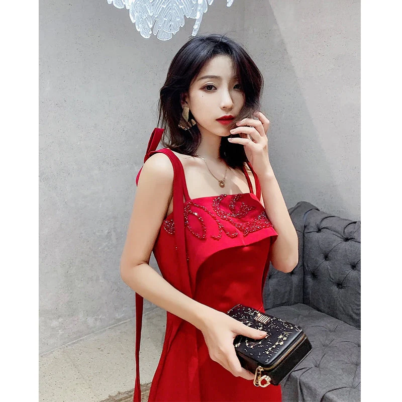Tribute bride new long red wedding dress dress elegant sexy sling thin thank you banquet girl. - Image 3