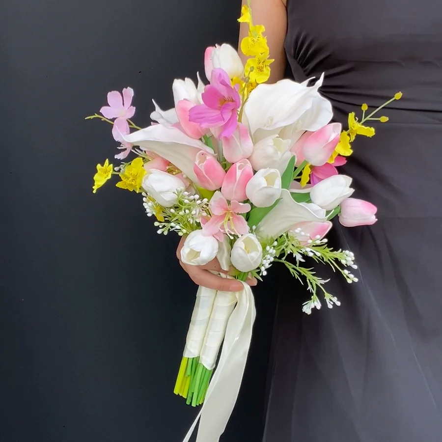 Two bunches of two-in-one simulated flowers, pink tulip calla lily, hand-held flowers, wedding certificate and graduation photo - Image 2