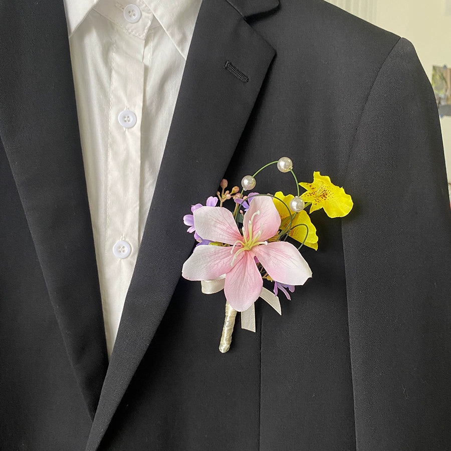 Vibrant Dopamine Color Groom's Corsage Artificial Flower Brooch - Image 6