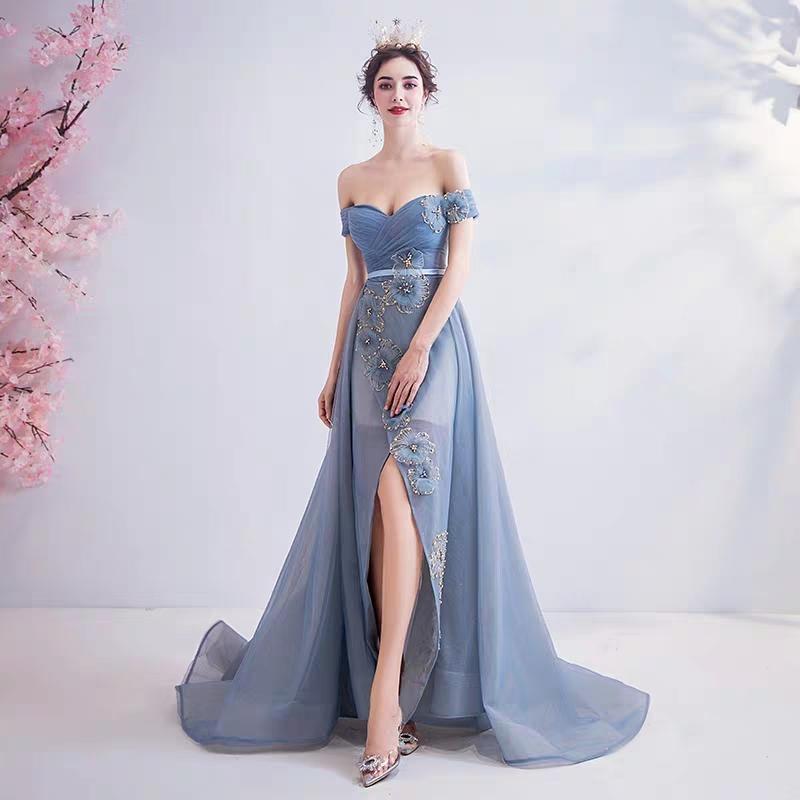 Wedding dress retro court style smoke blue bride wedding toast service dinner party wedding dress 6710 - Image 2