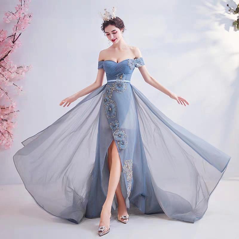 Wedding dress retro court style smoke blue bride wedding toast service dinner party wedding dress 6710 - Image 3
