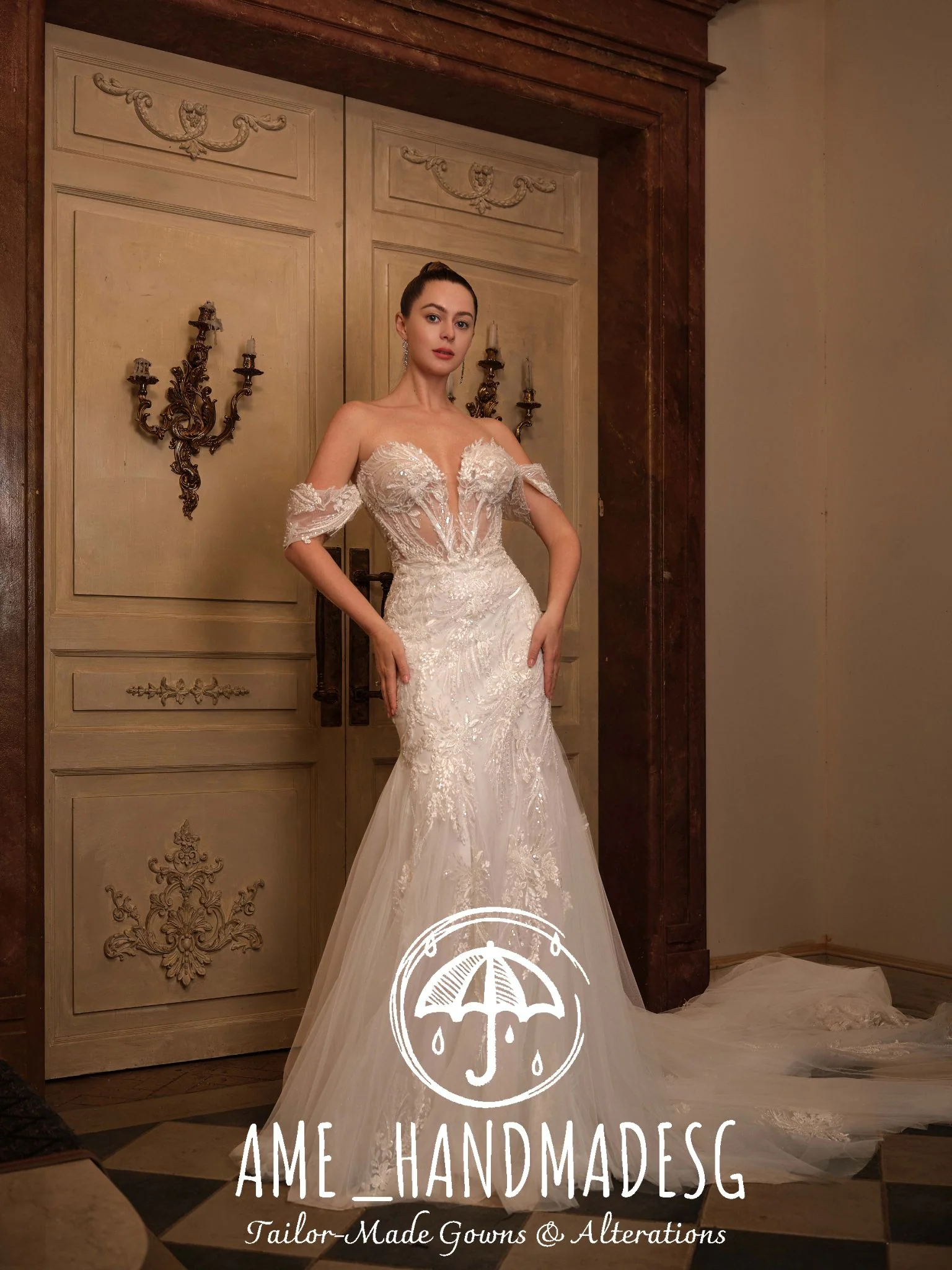 Regal Whisper: An Off-Shoulder Illusion Mermaid Bridal Gown