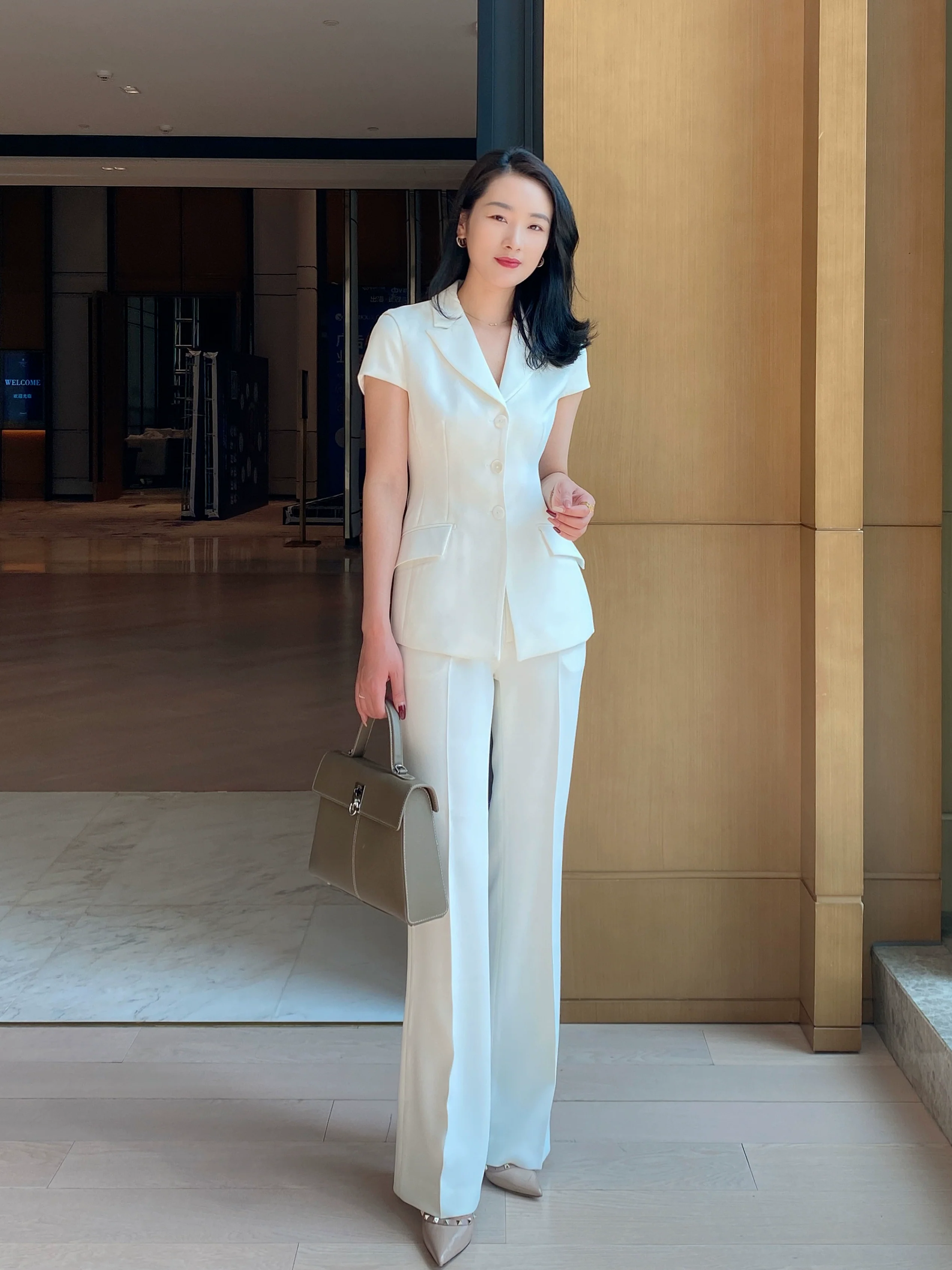 White Flared Summer Trousers with Short Sleeve Blouse - Image 5