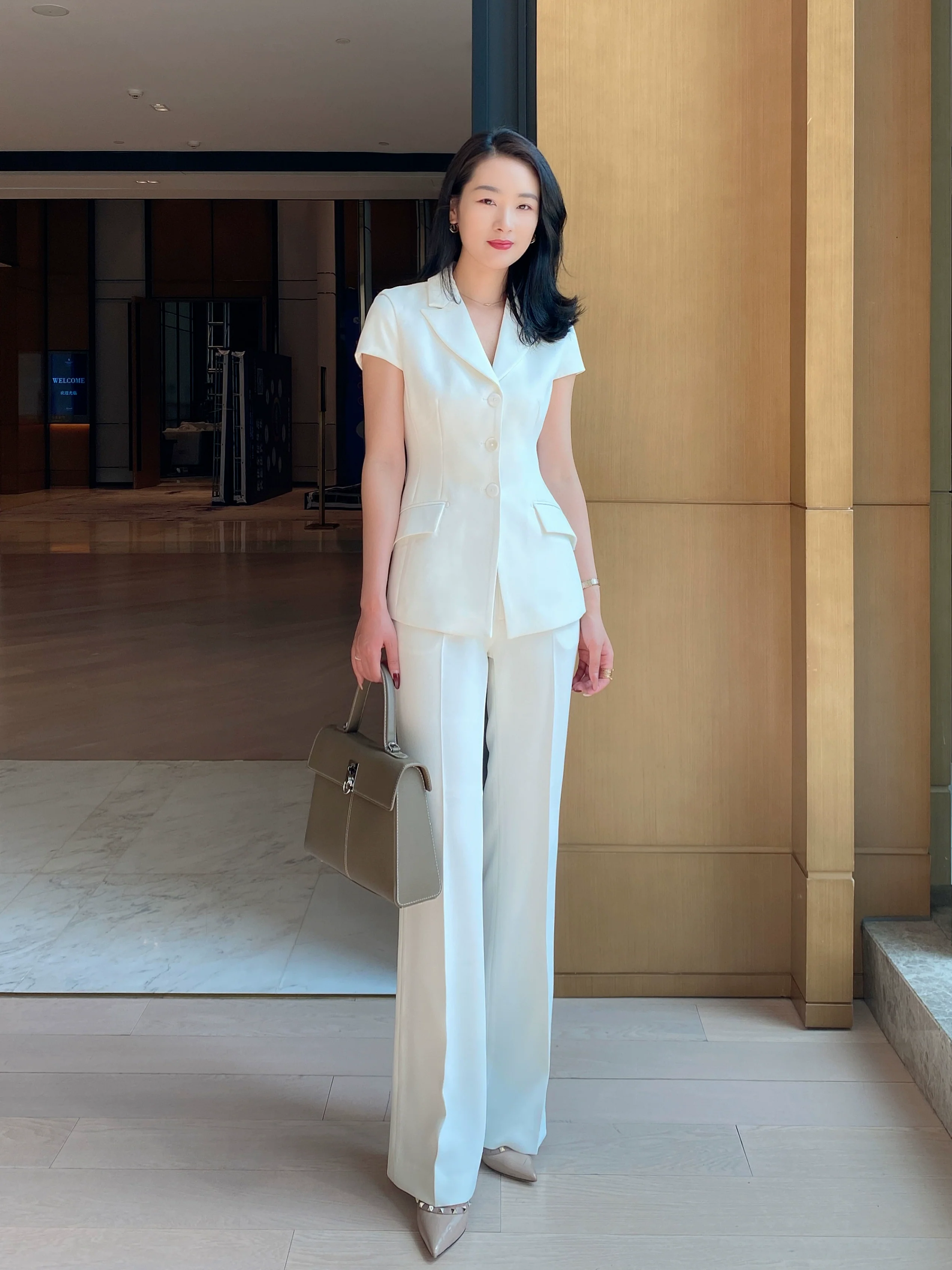 White Flared Summer Trousers with Short Sleeve Blouse - Image 6