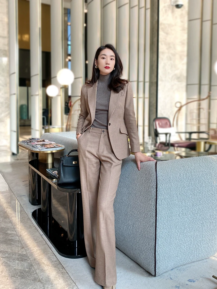 Winter Woolen Oat Coffee Women's Suit Set Loose Pants - Image 2
