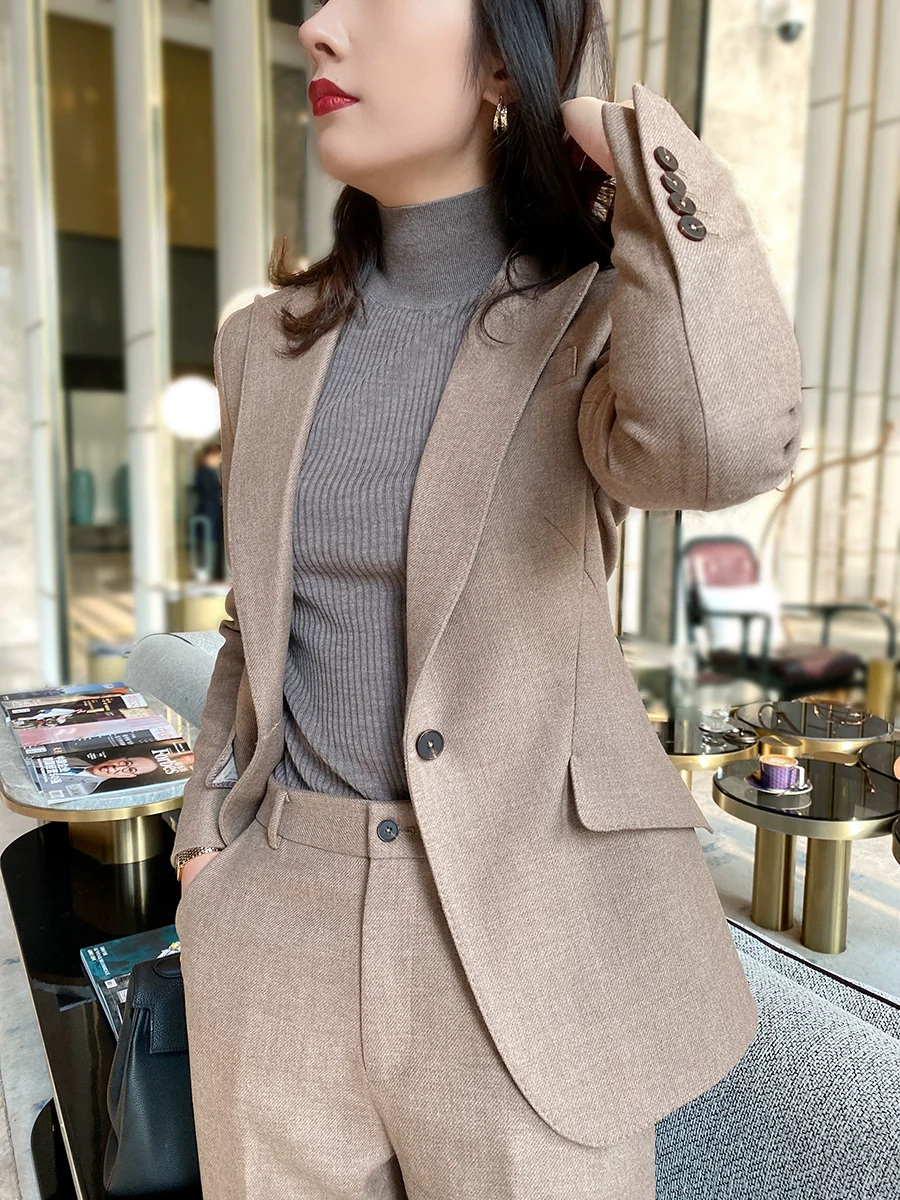 Winter Woolen Oat Coffee Women's Suit Set Loose Pants - Image 3