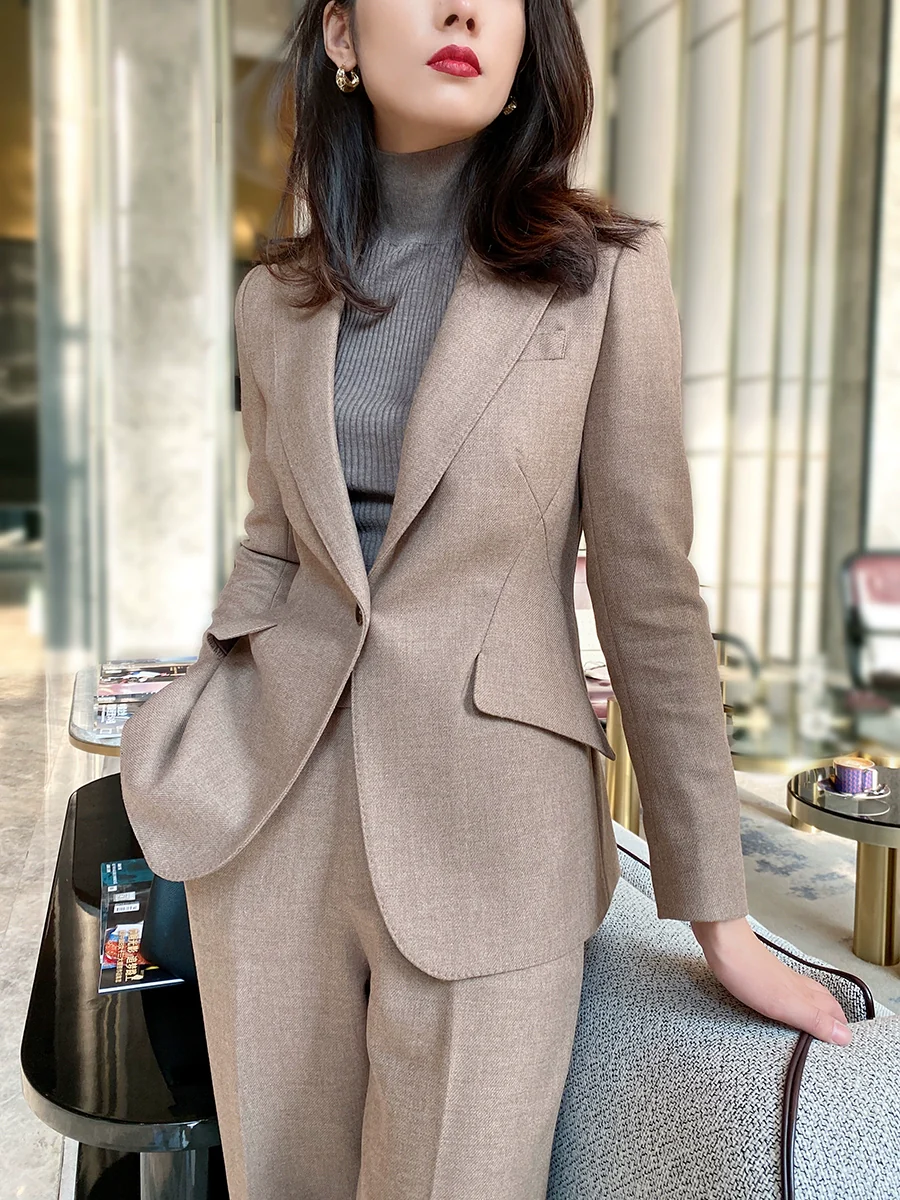 Winter Woolen Oat Coffee Women's Suit Set Loose Pants - Image 4