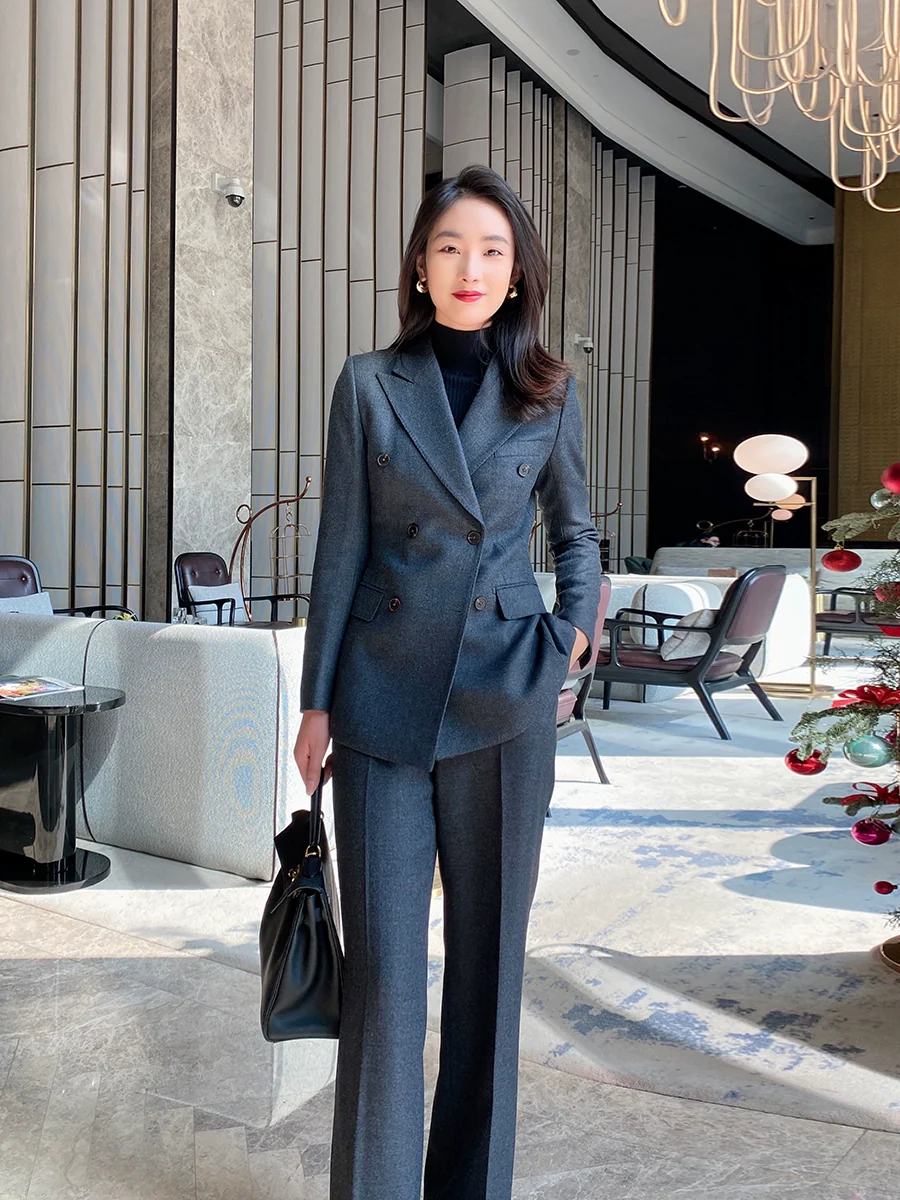 Women's Dark Gray Woolen Suit Jacket and Trousers - Image 3