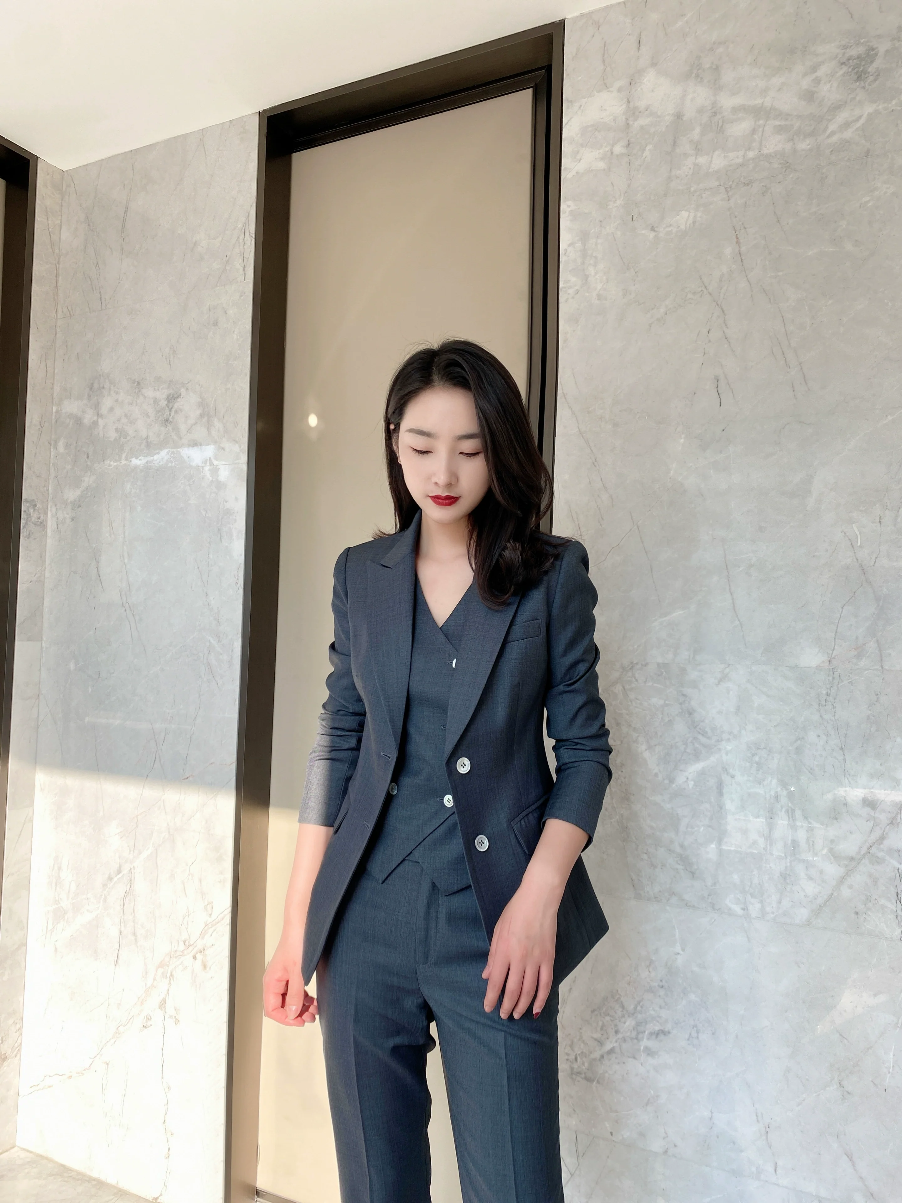 Women's Dark Grey Spring Autumn 3-Piece Suit Vest & Trousers - Image 2
