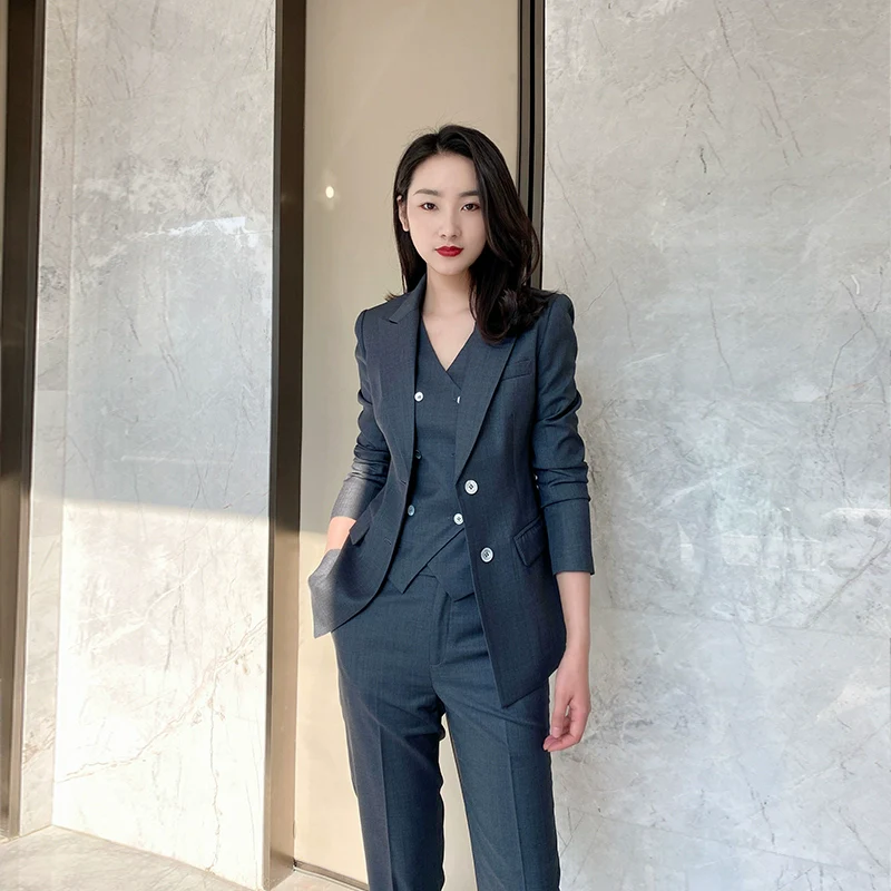 Women's Dark Grey Spring Autumn 3-Piece Suit Vest & Trousers - Image 6
