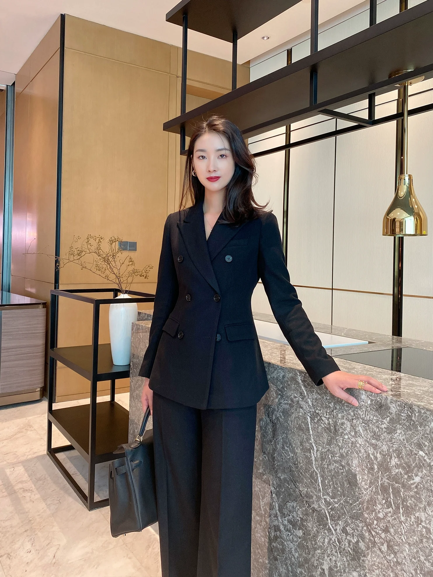 Women's Demi-Season Woolen Suit Jacket & Trousers Set Classic Black - Image 3